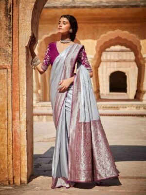 Grey And Wine Fancy Party Wear Saree