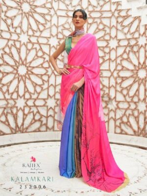Pink And Blue Pure Silk Crepe Digital Printed Party Wear Saree