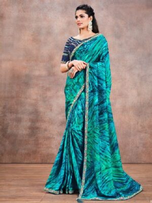 Attractive Teal Blue Printed Party Wear Saree
