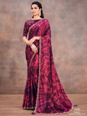 Charming Wine and Purple Printed Party Wear Saree