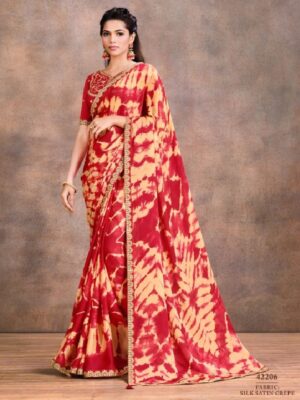 Classy Dusty Red and Mustard Printed Party Wear Saree