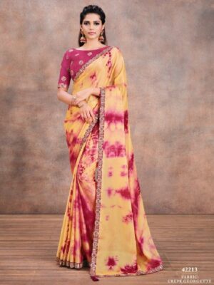 Good Looking Mustard And Pink Printed Party Wear Saree