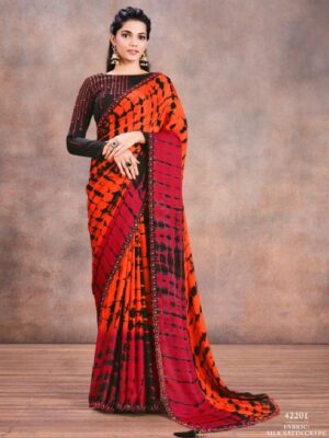 Beautiful Orange and Red Printed Party Wear Saree
