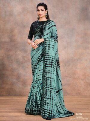 Pretty Teal and Black Printed Party Wear Saree