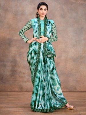 Teal Blue And Sea Green Printed Party Wear Saree