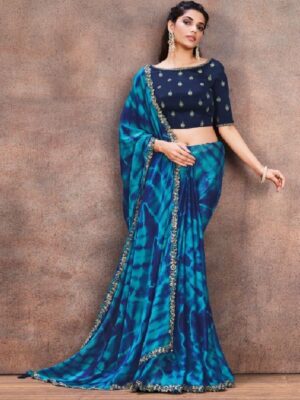 Georgette Blue And Teal Printed Party Wear Saree
