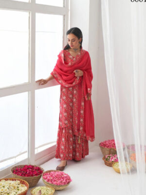 Latest Floral Red Muslin Prints Suit