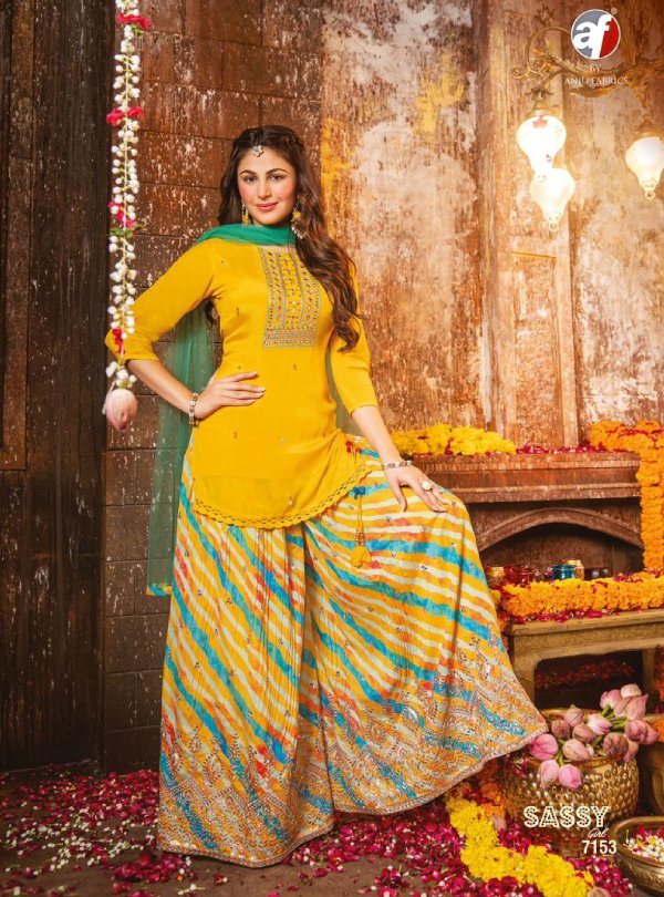 Yellow kurti and maroon sharara with foil mirror work - Kurti Fashion