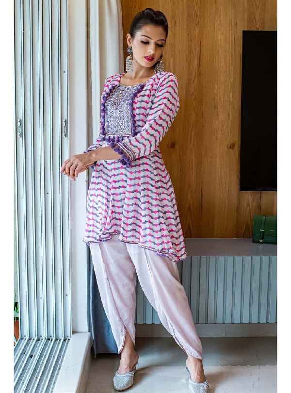 Ruby red bandhej suit with tulip pant and short kurti