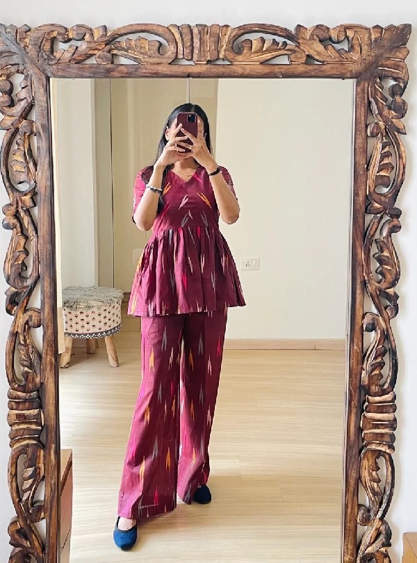 ANU | Purple Embroidered Asymmetric Kurti Coordset | Party Wear Silk Co-ord Set for Women