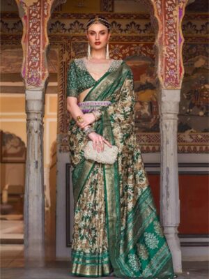 Fancy Green Saree With Unique Patola Design