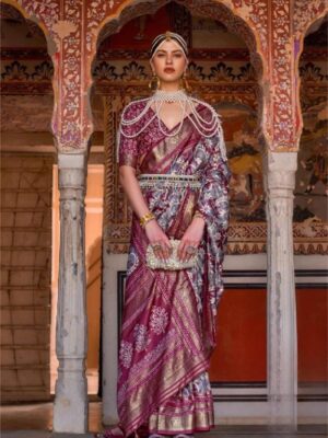 Beautiful Pink Silk Saree With Elegant Gold Print