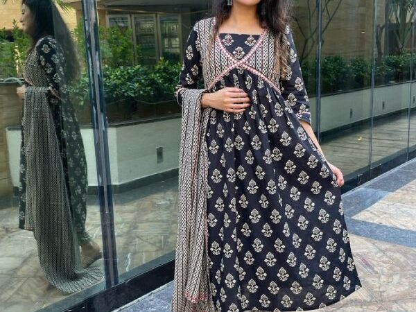 Cotton Black Kurti With Aliya Cut Dress With Duppata - 4