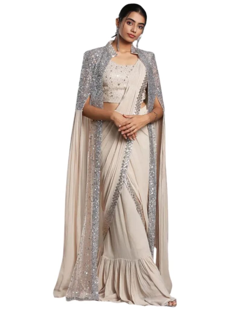 Saree styling with a layer of shrug or jacket