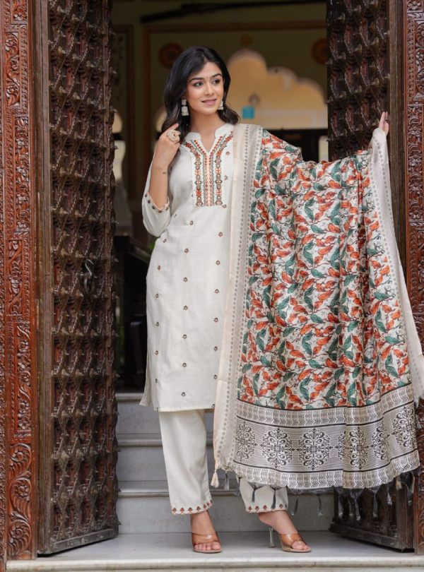 White Palazzo Set With Green Fulkari For Women