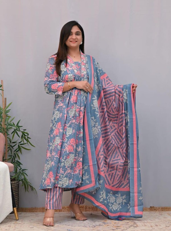 Pure Cotton Kurti Pant Set with Dupatta & Embroidery Work – Sizes L to 3XL