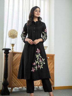 Embroidered Cotton Pleated Kurta Set with Sequins & Pintex