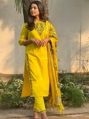 Cotton Slub Kurta & Pants With Embroidery, Khadi Silk Madhubani Dupatta