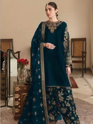 Embroidered Velvet Suit With Dupatta