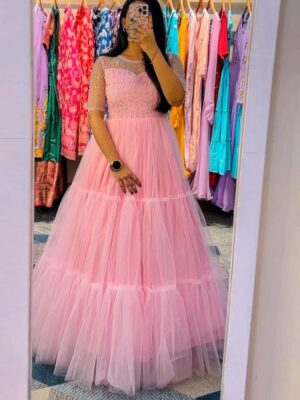 Soft Pastel Pink Long Gown with Moti Work