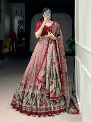 Maroon Tasar Silk Lehenga Choli Set with traditional design