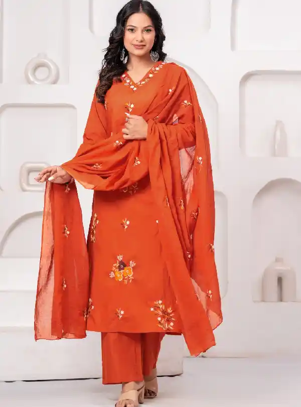 Cotton Embroidered Kurti Pant Dupatta Set