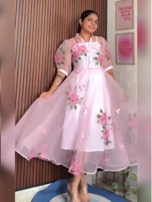 Floral Print Organza Dress with Puff Sleeves