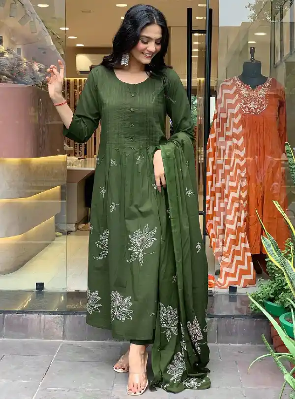 Green Cotton discharge print kurti set