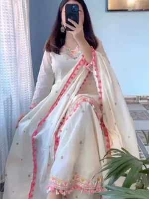 Off-White Cotton Kurta Palazzo Set with Embroidered Dupatta