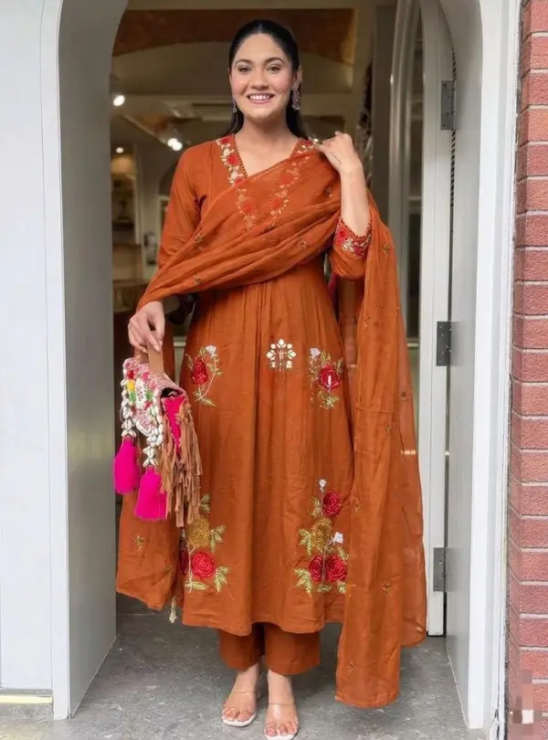 Orange Embroidered Cotton Dress Set