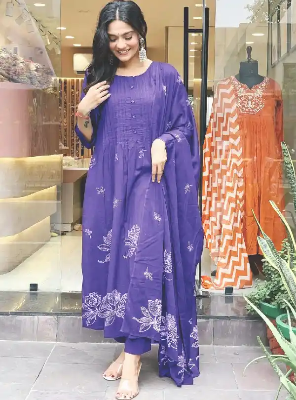 Purple Cotton kurti pant dupatta set