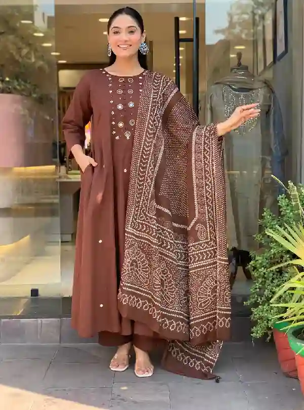 Coffee Brown A-Line Cotton Suit Set