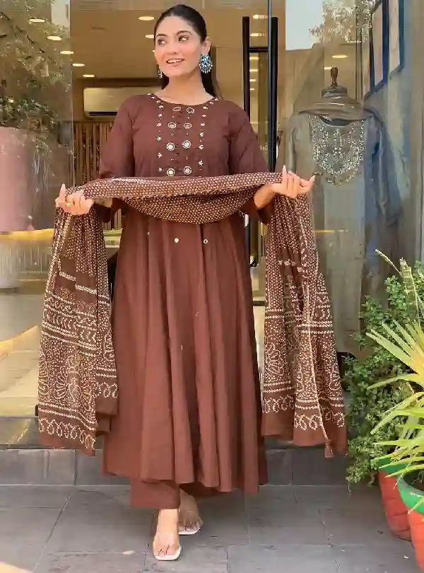 Coffee Brown Cotton Embroidery Suit Set