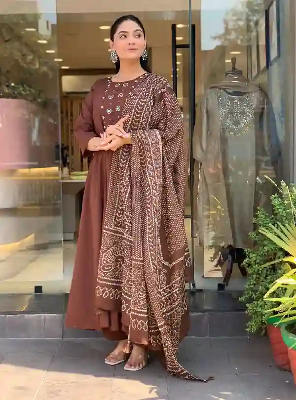 Coffee Brown Kurti Pant Dupatta Set