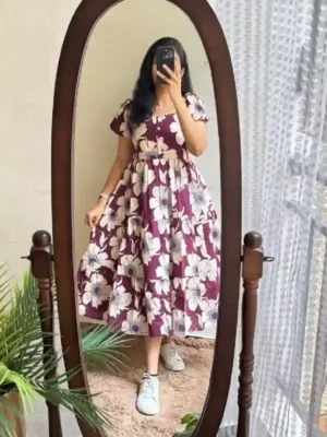 Printed Cotton Midi Dress with Puff Sleeves