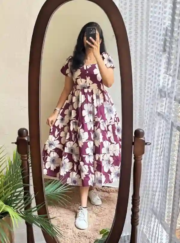 Cotton Midi Dress with Puff Sleeves