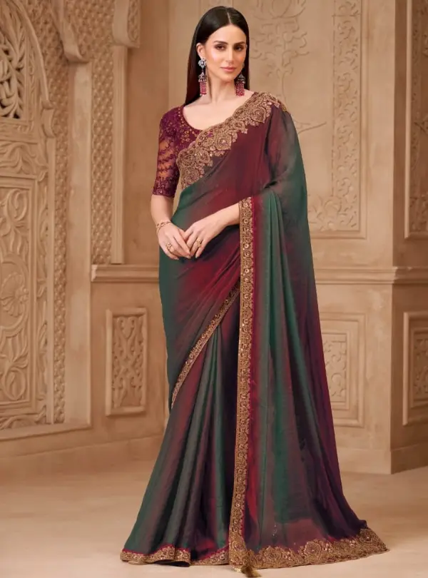 Wine and Bottle Green Designer Saree