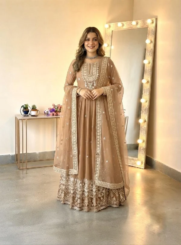 Beige embroidered Anarkali suit for women