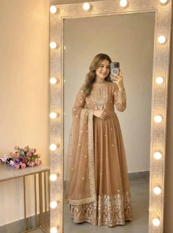Beige ethnic Anarkali suit with embroidery
