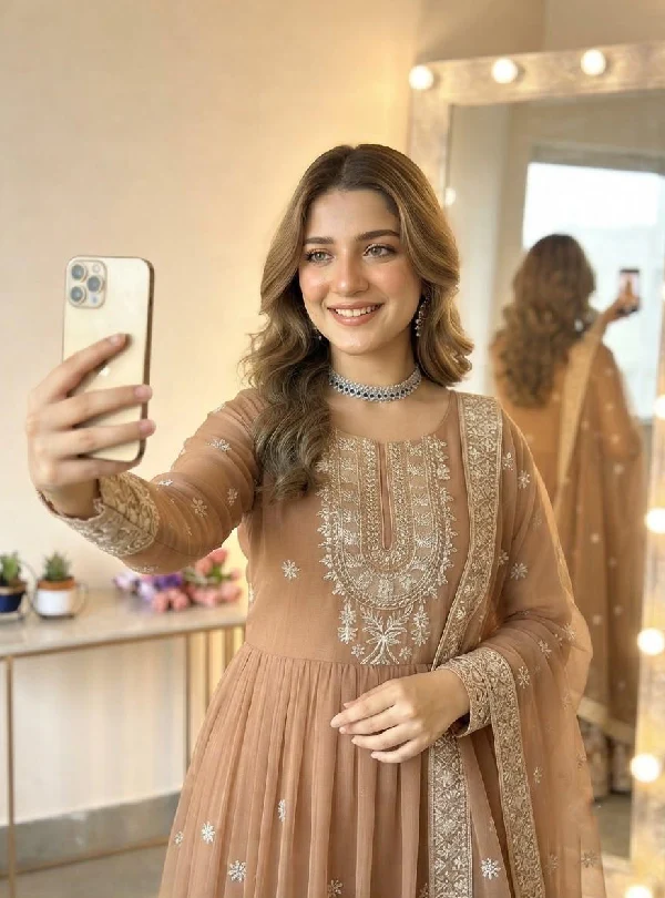 Beige georgette Anarkali suit with dupatta
