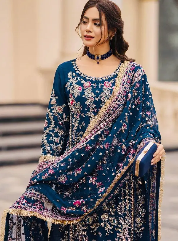 Blue Faux Georgette suit with embroidered dupatta