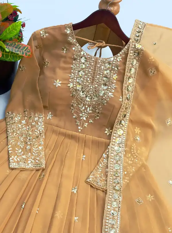 Elegant beige Anarkali suit with embroidery