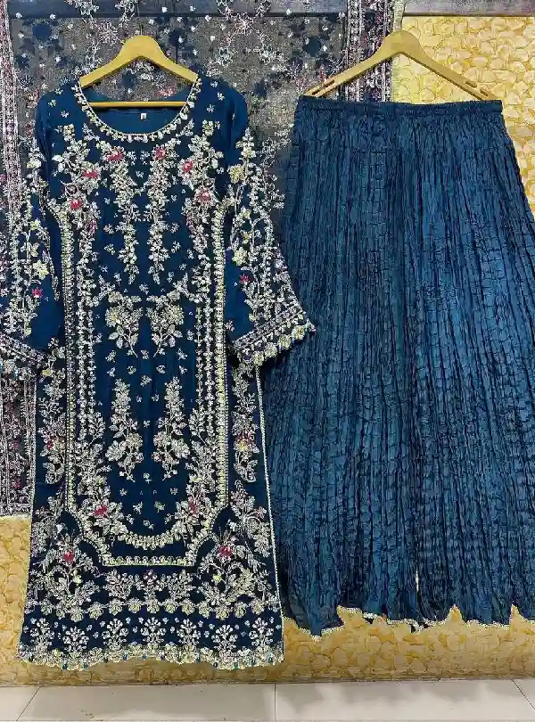 Embroidered palazzo suit with lace border