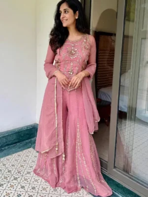 Fendy Silk Embroidered Sharara Palazzo Suit Set