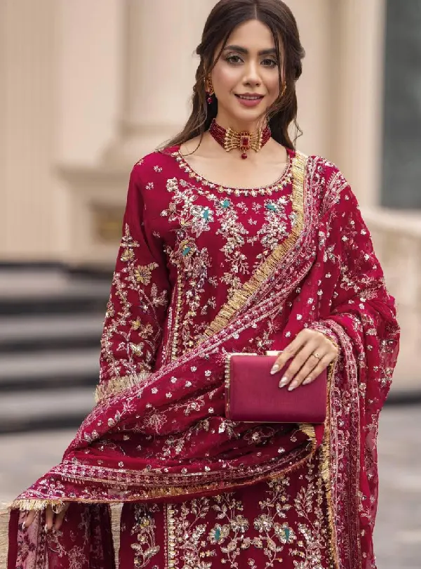 Maroon Heavy embroidered palazzo suit set