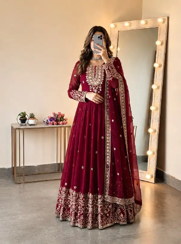 Maroon embroidered Anarkali suit for women