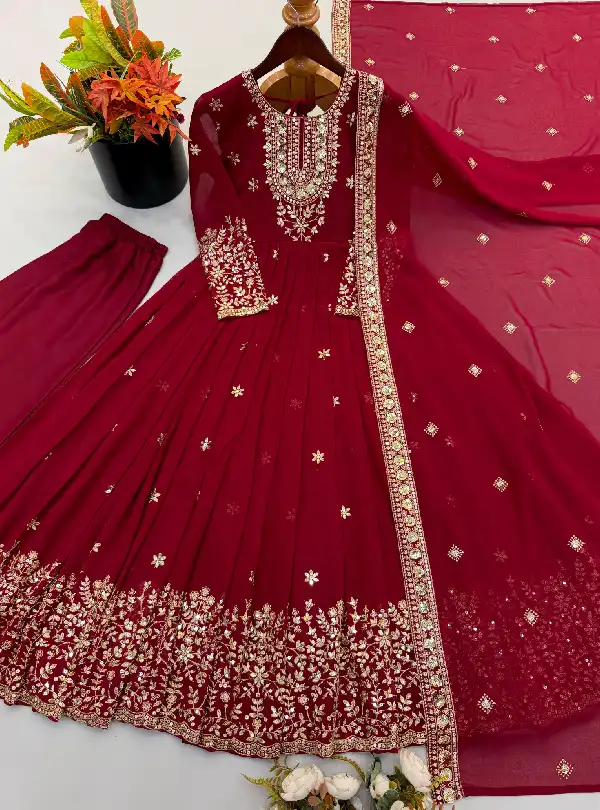 Maroon georgette Anarkali with dupatta