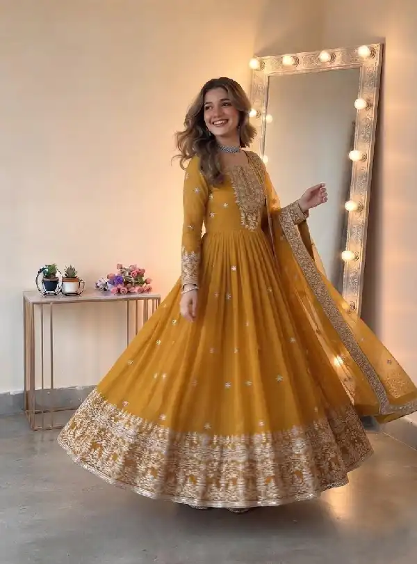 Mustard yellow embroidered Anarkali suit