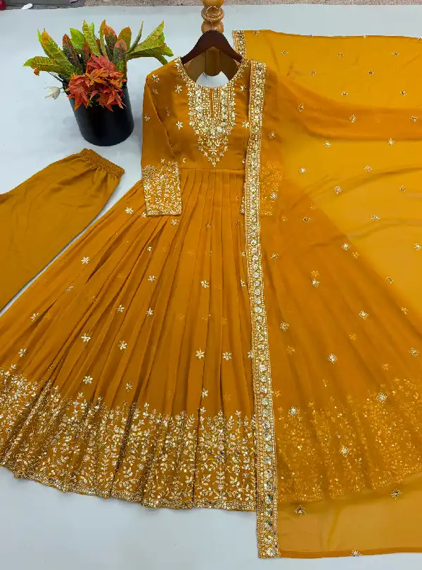 Mustard yellow georgette ethnic gown
