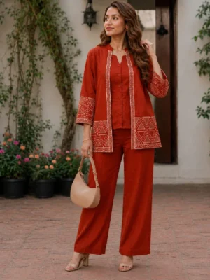 Cotton Flex Embroidered Jacket Style Kurti Set